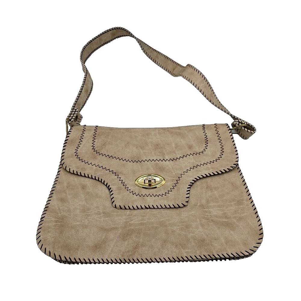 Vintage Womans Beige Stitched Hippie Casual Shoulder Sling Crossbody Bag